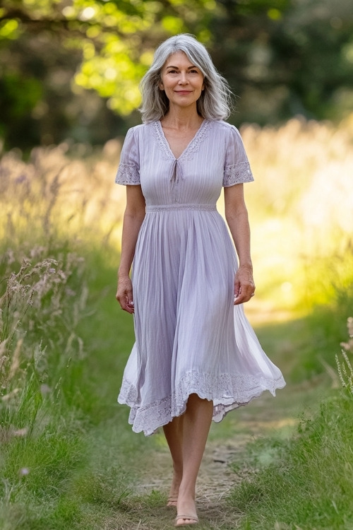 A woman over 50 wears a lilac V neck wedding guest dress with short sleeves