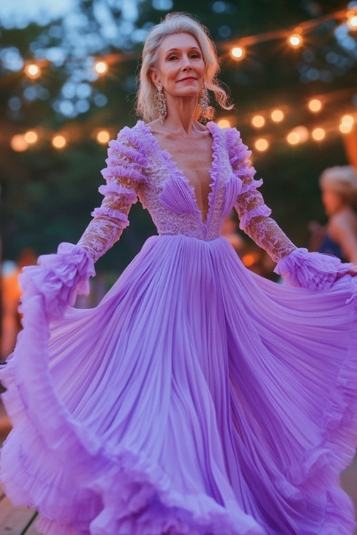 A woman over 50 wears a lilac ruffled wedding guest dress with lace sleeves and a flowing pleated skirt