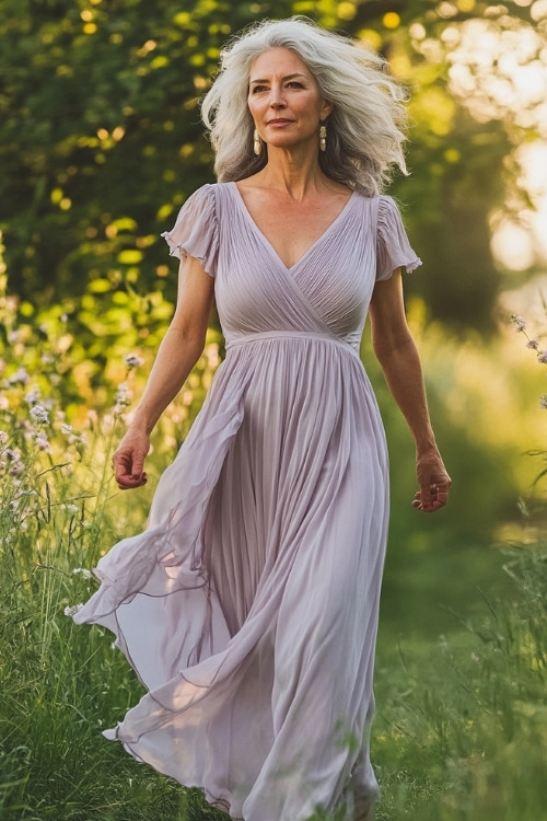 A woman over 50 wears a lilac wedding guest dress with a wrap design