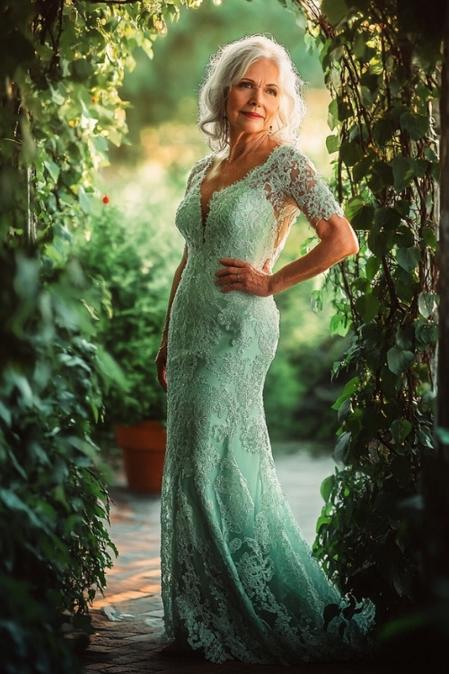 A woman over 50 wears a mint green lace wedding guest dress with lace sleeves