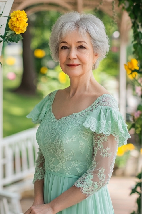 A woman over 50 wears a mint green lace wedding guest dress with ruffled sleeves