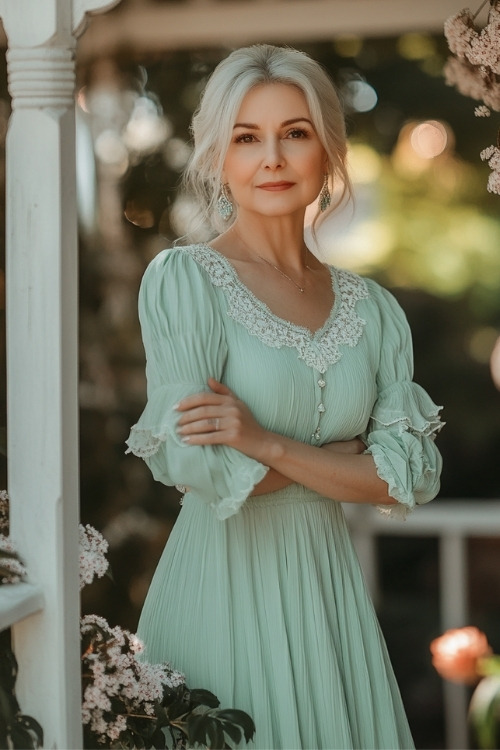 A woman over 50 wears a mint wedding guest dress with puff sleeves