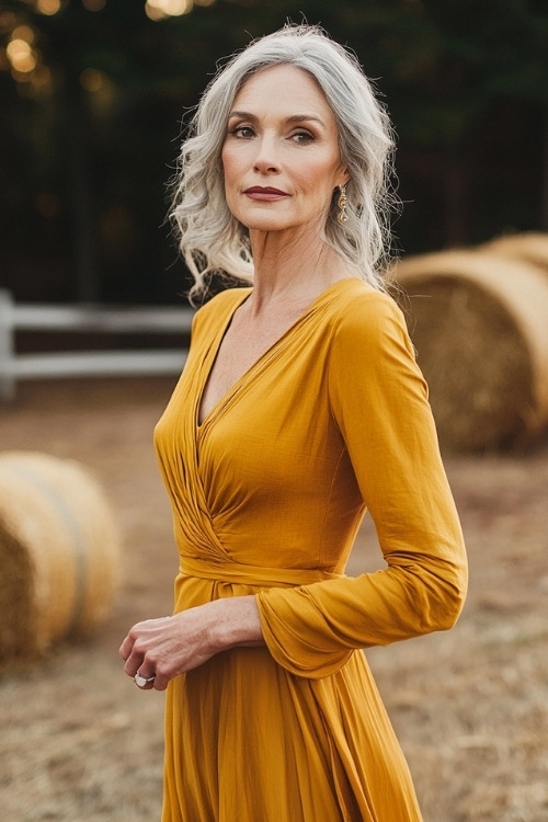 A woman over 50 wears a mustard long-sleeve wedding guest dress with a wrapped bodice