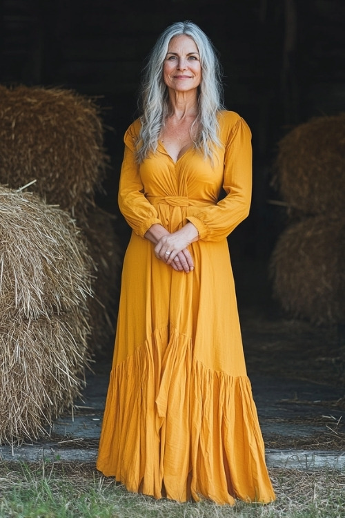 A woman over 50 wears a mustard wedding guest dress with long sleeves