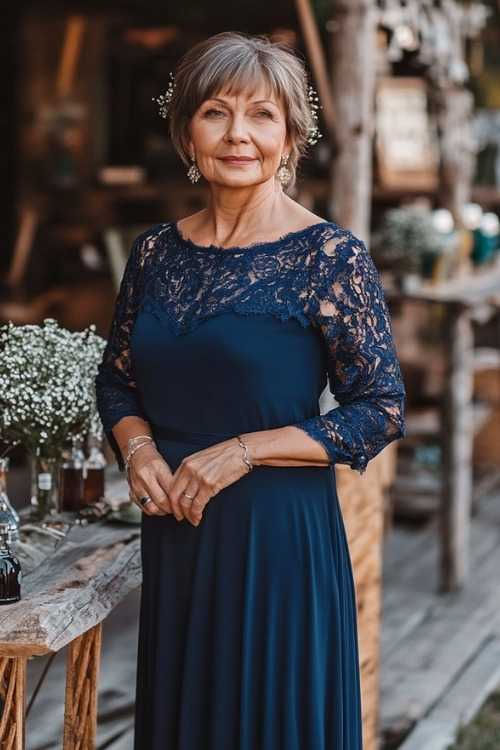 A woman over 50 wears a navy blue lace long-sleeve wedding guest dress with a scalloped neckline