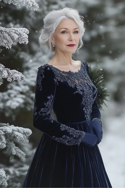 A woman over 50 wears a navy blue velvet long-sleeve wedding guest dress with intricate beaded embellishments