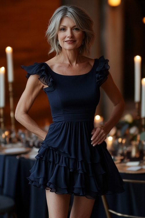 A woman over 50 wears a navy blue wedding guest dress with layered ruffles and a cinched waist