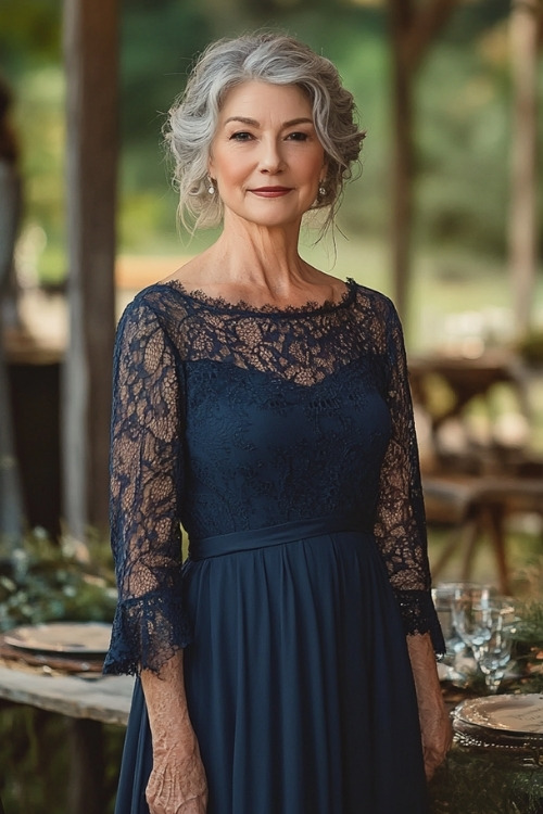 A woman over 50 wears a navy lace long-sleeve wedding guest dress with a scalloped neckline and flowing skirt