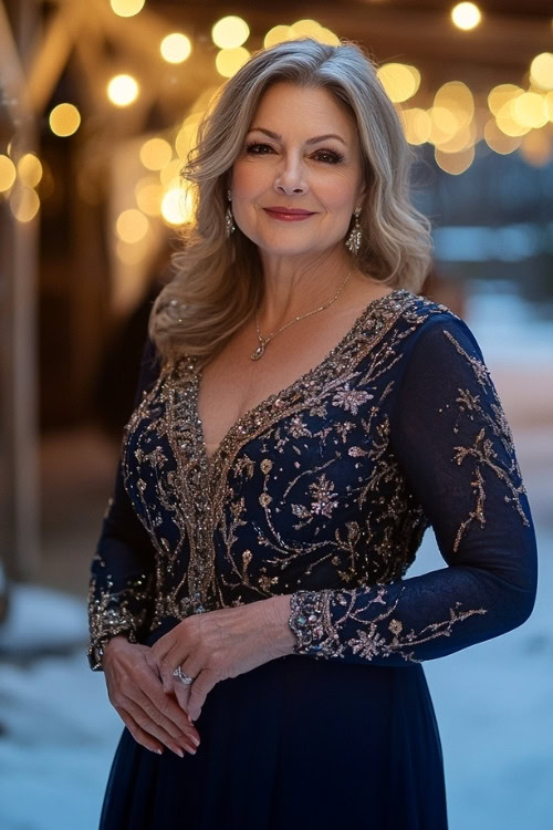 A woman over 50 wears a navy long-sleeve wedding guest dress with gold and silver embroidered detailing along the bodice and sleeves