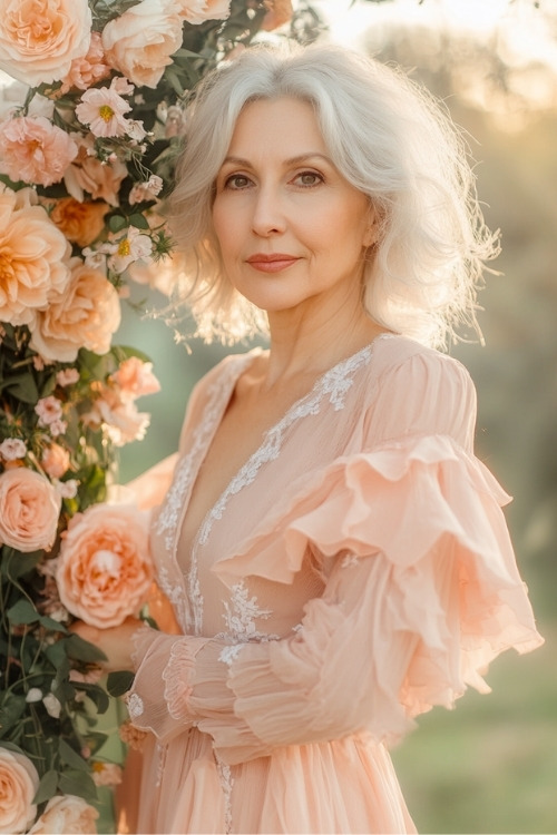 A woman over 50 wears a peach ruffled wedding guest dress with lace details