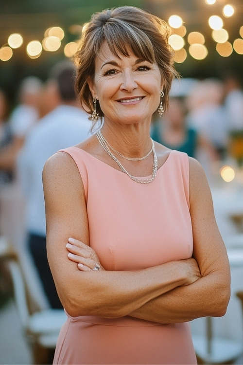 A woman over 50 wears a peach wedding guest dress with a sleeveless design