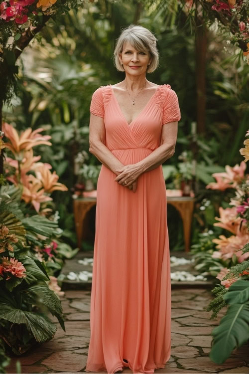 A woman over 50 wears a peach wrap wedding guest dress with cap sleeves