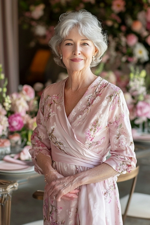 A woman over 50 wears a pink floral wedding guest dress with wrapped bodice