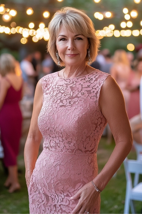 A woman over 50 wears a pink lace wedding guest dress with a a high neckline