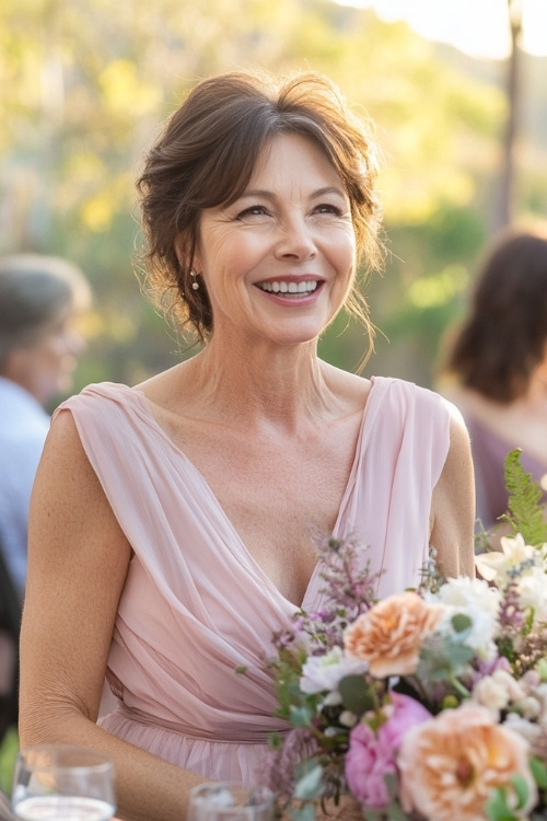 A woman over 50 wears a pink wedding guest dress with a V neckline