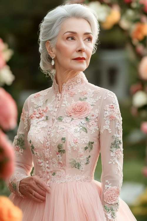 A woman over 50 wears a pink wedding guest dress with a floral bodice