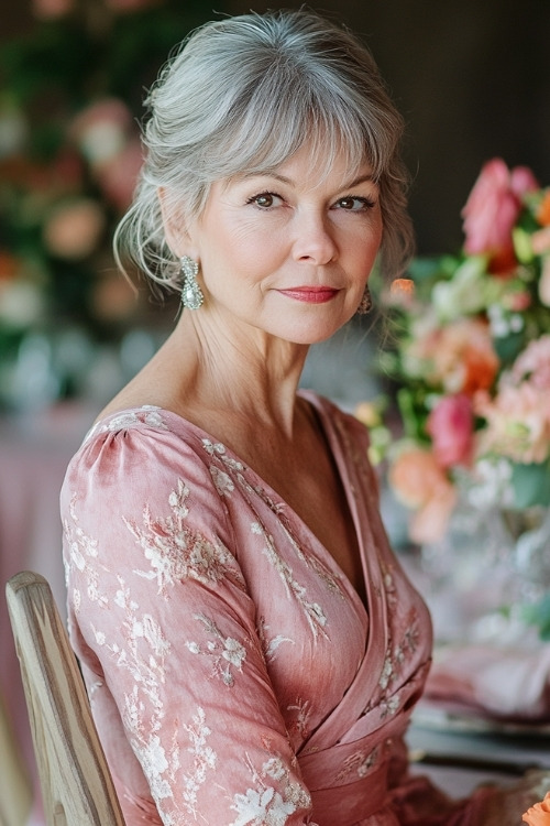 A woman over 50 wears a pink wrap-style wedding guest dress with floral print