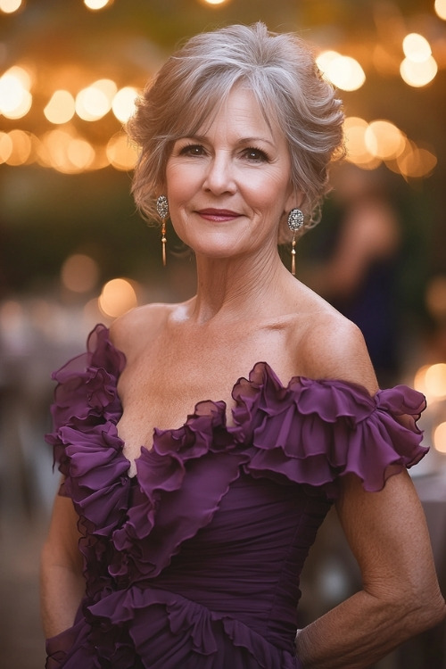 A woman over 50 wears a plum off-the-shoulder ruffled wedding guest dress with elegant statement earrings