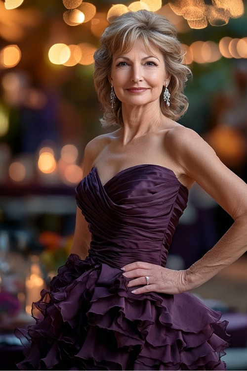 A woman over 50 wears a plum strapless wedding guest dress with sweetheart neckline