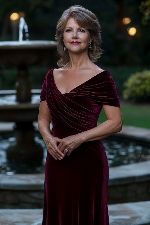 A woman over 50 wears a plum velvet wedding guest dress with a ruched bodice