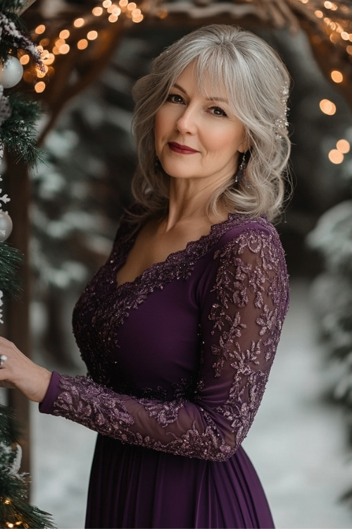 A woman over 50 wears a purple long-sleeve wedding guest dress with embroidered lace detailing on the bodice and sleeves