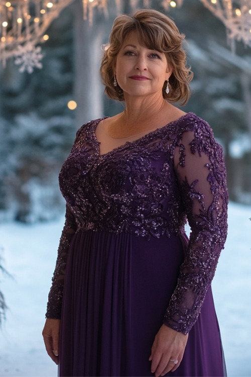 A woman over 50 wears a purple wedding guest dress with lace bodice and sleeves