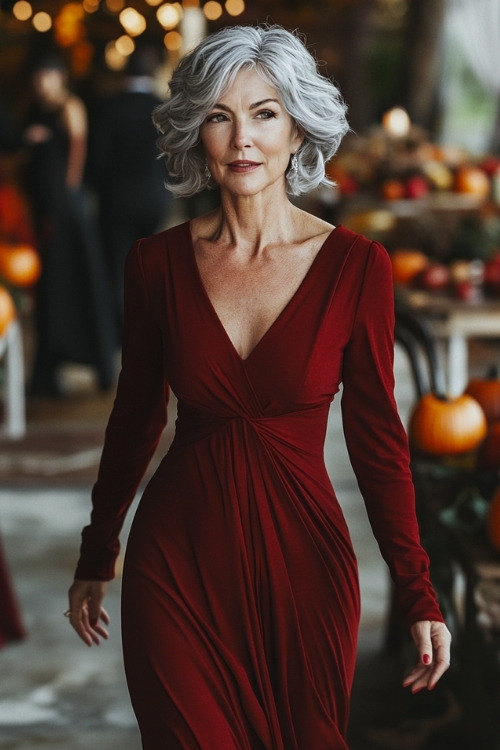 A woman over 50 wears a red V neck wedding guest dress with long sleeves