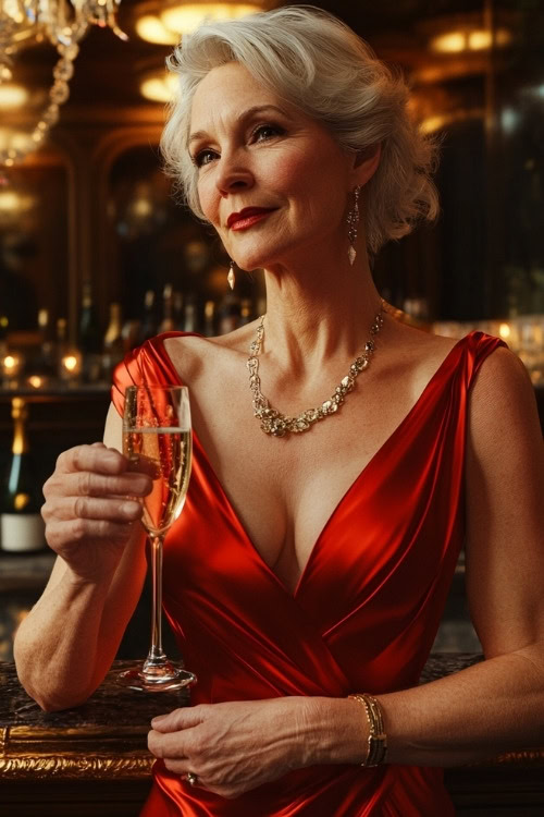 A woman over 50 wears a red satin wedding guest dress with a deep V neckline and gold jewelry