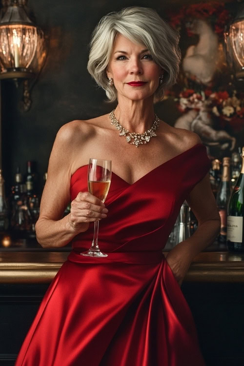 A woman over 50 wears a red satin wedding guest dress with a one shoulder design