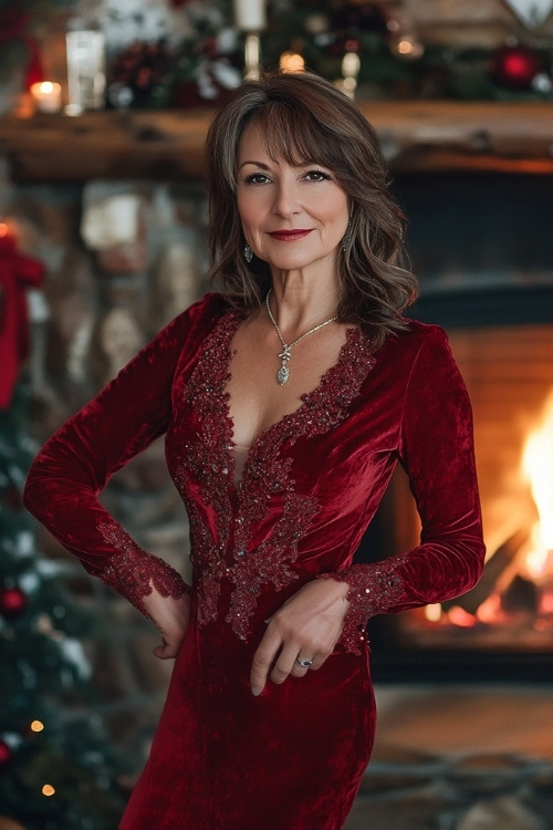 A woman over 50 wears a red velvet long-sleeve wedding guest dress with intricate lace detailing along the neckline and cuffs