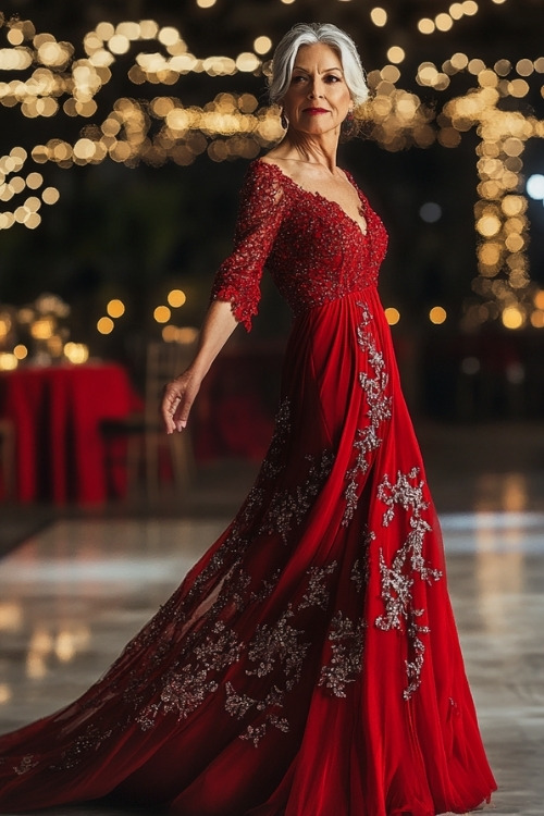 A woman over 50 wears a red wedding guest dress with lace bodice