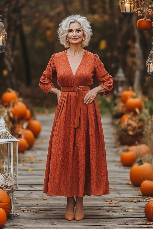 A woman over 50 wears a rust V neck wedding guest dress with matching heels