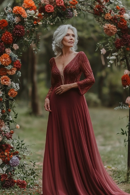 A woman over 50 wears a rust long-sleeve wedding guest dress with beaded details and a flowing skirt