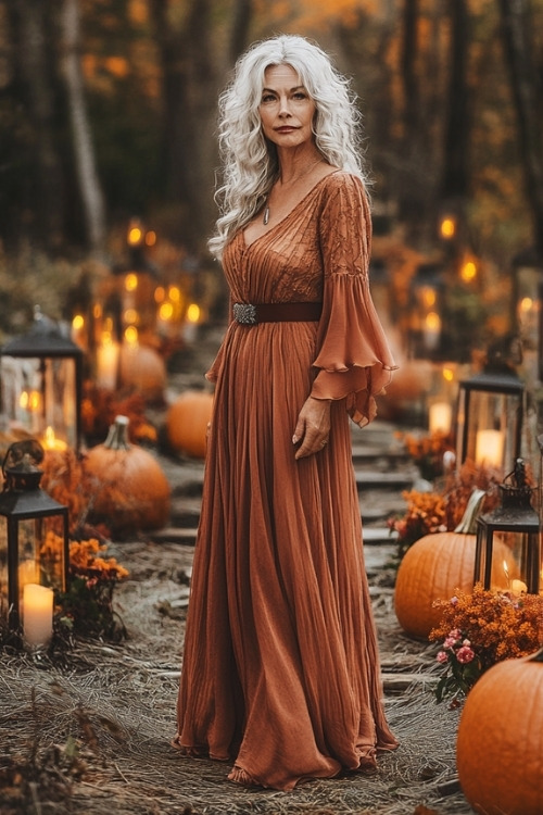 A woman over 50 wears a rust wedding guest dress with bell sleeves