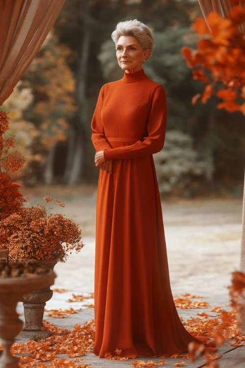 A woman over 50 wears a rust wedding guest dress with long sleeves and a high neckline