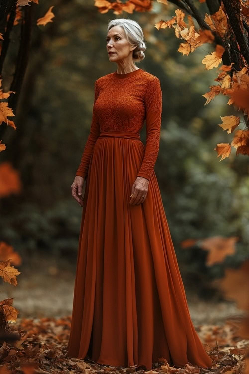 A woman over 50 wears a rust wedding guest dress with long sleeves