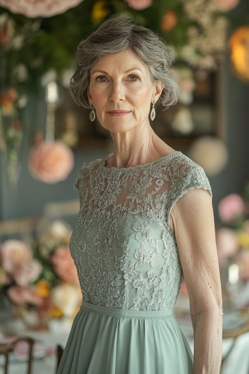 A woman over 50 wears a sage green lace wedding guest dress with cap sleeves