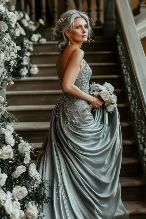 A woman over 50 wears a silver embellished spaghetti strap wedding guest dress with a flowing satin skirt