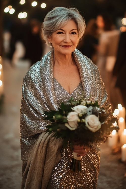 A woman over 50 wears a silver sequin wedding guest dress with a silver shawl