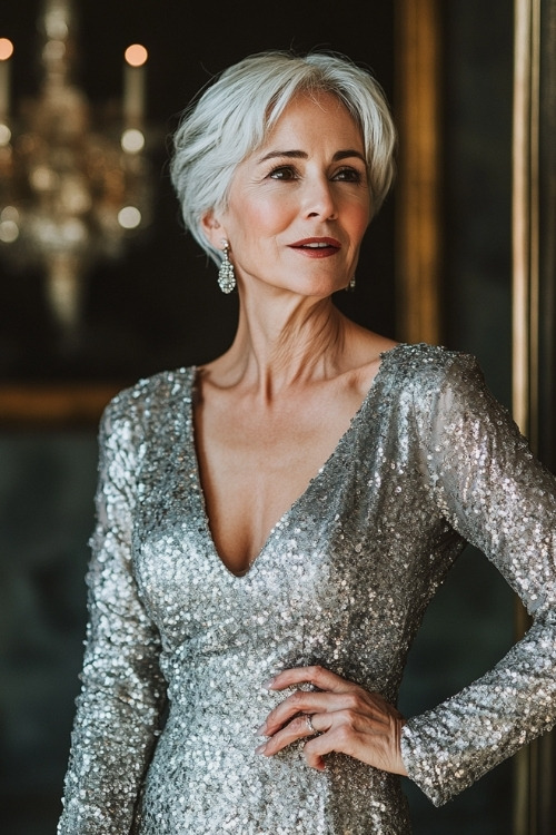 A woman over 50 wears a silver sequin wedding guest dress with long sleeves