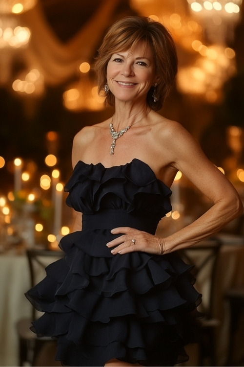 A woman over 50 wears a strapless black ruffled wedding guest dress with a statement necklace