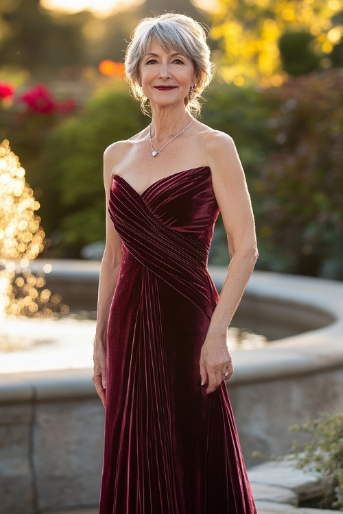 A woman over 50 wears a strapless burgundy velvet wedding guest dress with a sweetheart neckline