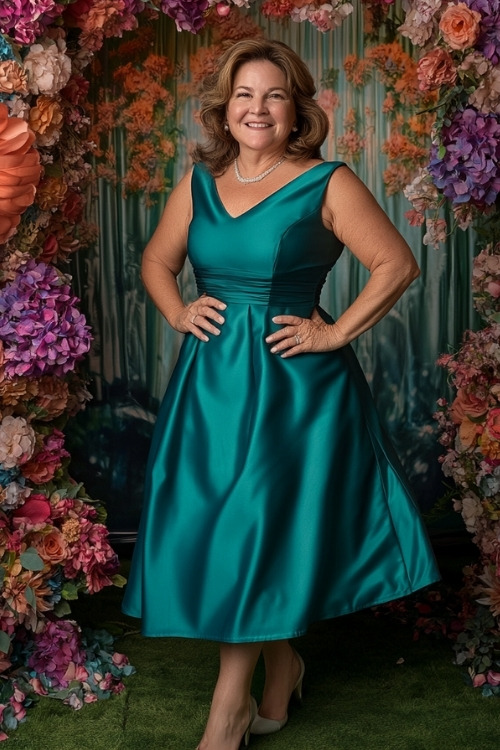 A woman over 50 wears a teal satin V neck wedding guest dress with silver heels