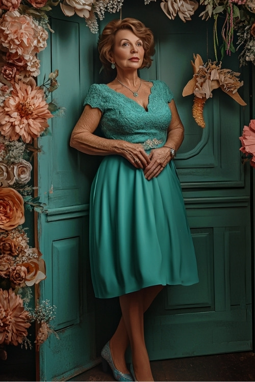 A woman over 50 wears a turquoise knee-length wedding guest dress with lace detailing