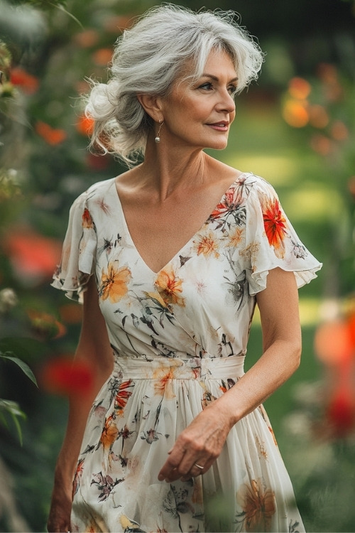 A woman over 50 wears a white floral wedding guest dress with flutter sleeves