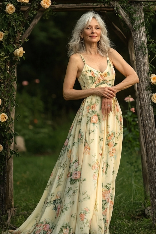 A woman over 50 wears a yellow floral wedding guest dress with thin straps