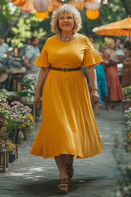 A woman over 50 wears a yellow wedding guest dress with a black belt