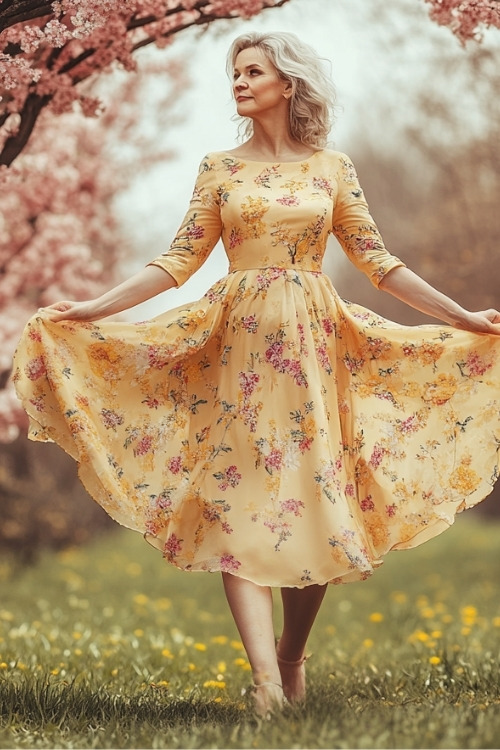 A woman over 50 wears a yellow wedding guest dress with floral prints