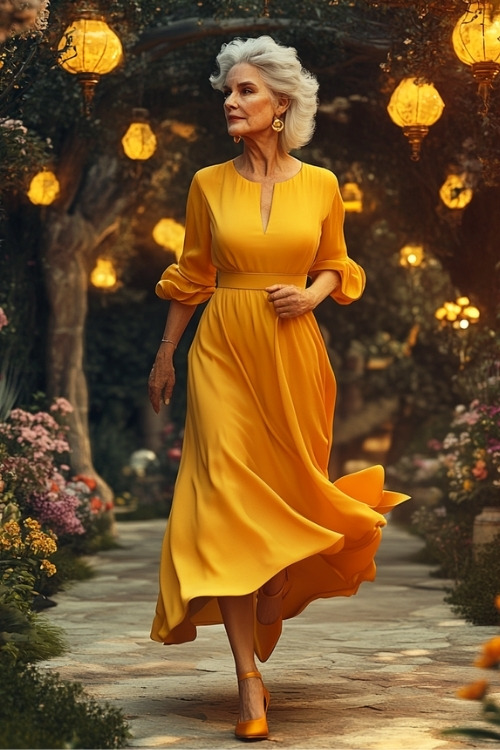 A woman over 50 wears a yellow wedding guest dress with matching heels