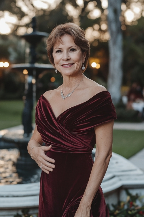 A woman over 50 wears an off-the-shoulder burgundy velvet wedding guest dress with ruched details